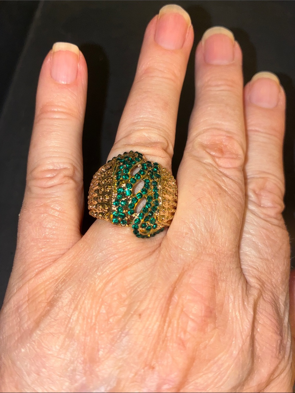 Vibrant Green Crystals Gold-Tone Statement Stretch Ring